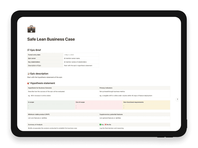 Safe Lean Business Case Notion Template